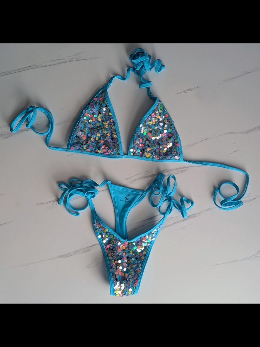 Berry Beachy Sequin Bikini Set Size Small Turquoise Sparkly Swimwear 🩵